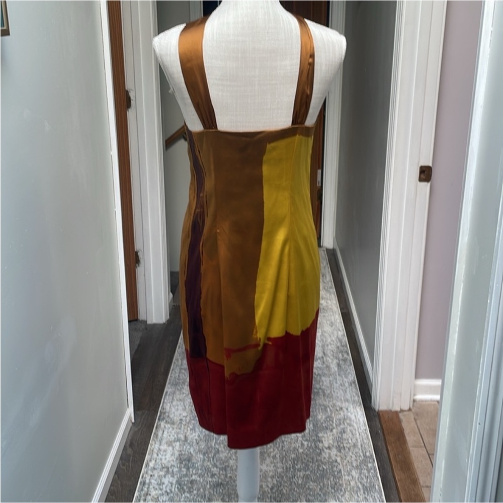 Vince Colorblock Gold, Scarlet Red and Copper Classy Cross Neck Silk Dress Small - Picture 7 of 7